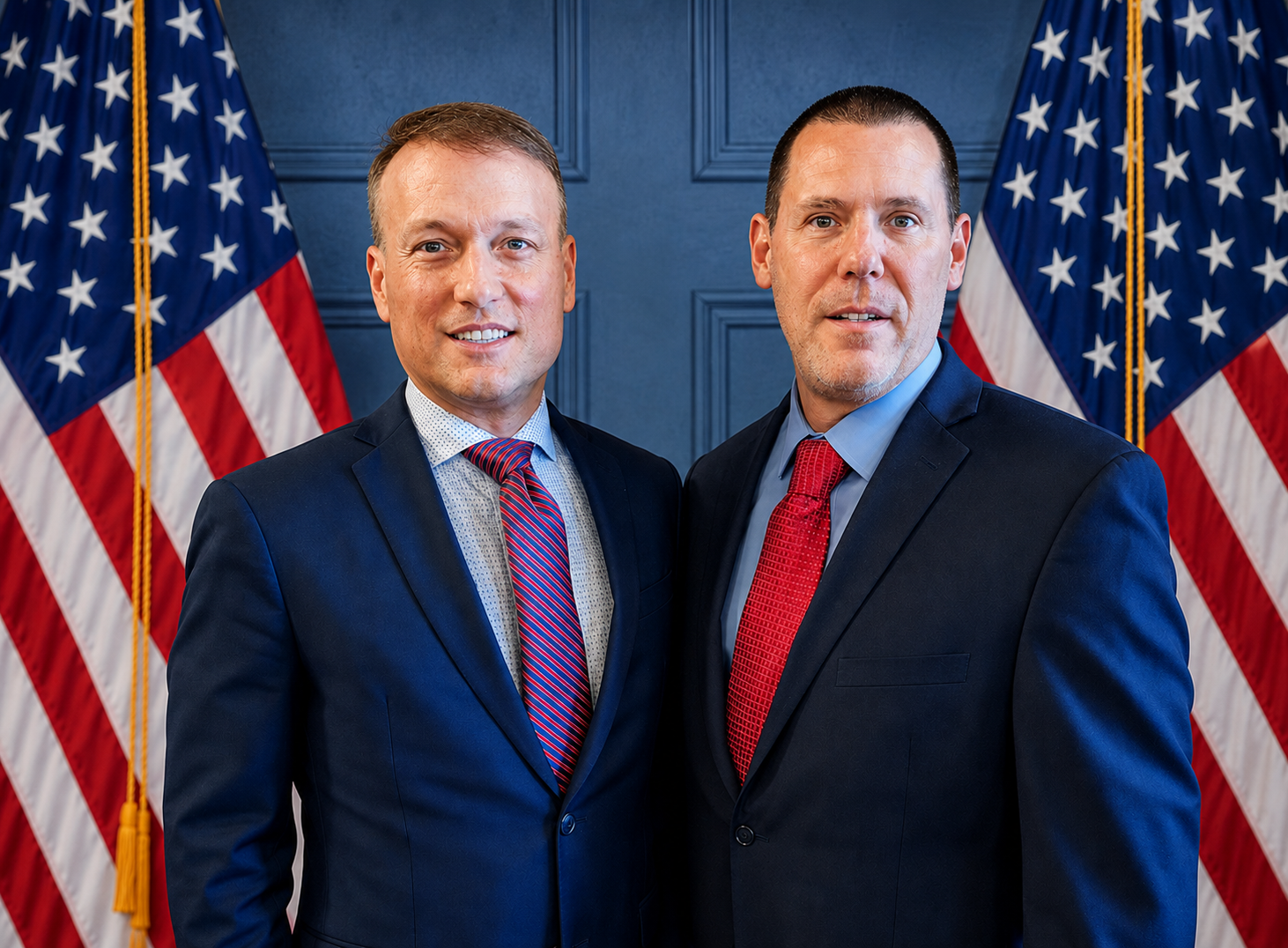 Adam Andrzejewski and Craig Mijares standing in front of American flags