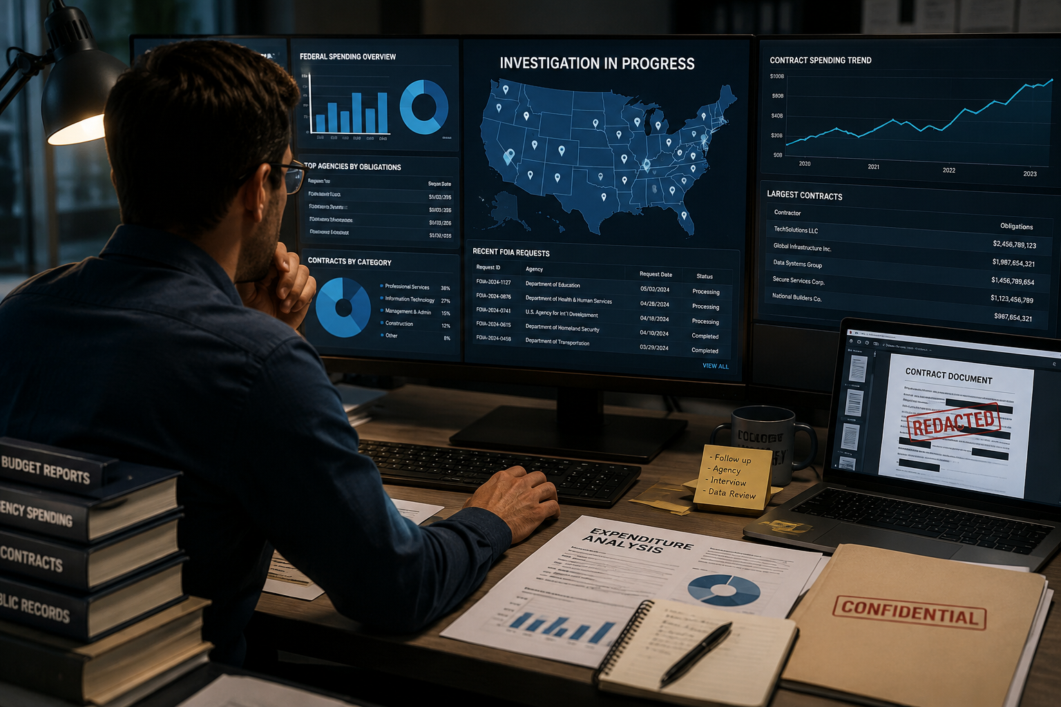 Data analyst working at computer monitors